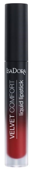 En svart och genomskinlig läppstiftsrör märkts 'IsaDora VELVET COMFORT liquid lipstick' med röd färg synlig inuti.
