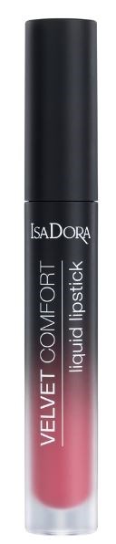En läppstiftsrör med svart lock, gradient rosa färg och vit text som säger 'Velvet Comfort Liquid Lipstick' och 'IsaDora.'