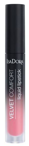 En svart tub med IsaDora Velvet Comfort liquid lipstick med rosa färg i botten. Tuben har vitt text.
