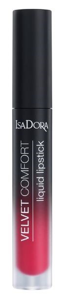 En läppglansrör med svart lock och rosa-röd vätska inuti. Etiketten säger "IsaDORA VELVET COMFORT liquid lipstick."