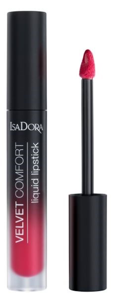 En svart rör med rosa läppstift eller flytande läppstift inuti, märkt "Velvet Comfort" av IsaDora.