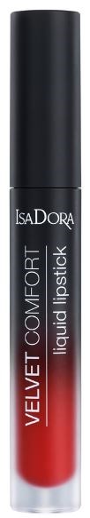 En svart läppstiftstift med en genomskinlig botten som visar röd läppstift inuti, märkt 'IsaDORA VELVET COMFORT liquid lipstick.'