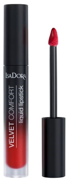 Läppglansrör med rött innehåll och applikator. Märkesnamn IsaDora, Velvet Comfort, flytande läppstift.