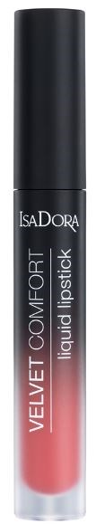 Ett svart och klart rör med rosa läppstift inuti, märkt 'Velvet Comfort' av Isa Dora.