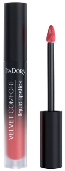 Ett läppstift med rosa färg och svart lock, märkt "Velvet Comfort Liquid Lipstick."
