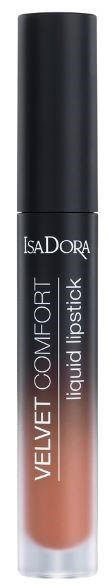 En svart kork täcker ett genomskinligt rör med nudefärgad läppstiftvätska och vit och orange text. Märket är IsaDora.