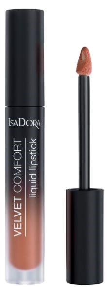 En tub med IsaDora Velvet Comfort flytande läppstift med applikatorborste i en nude nyans.