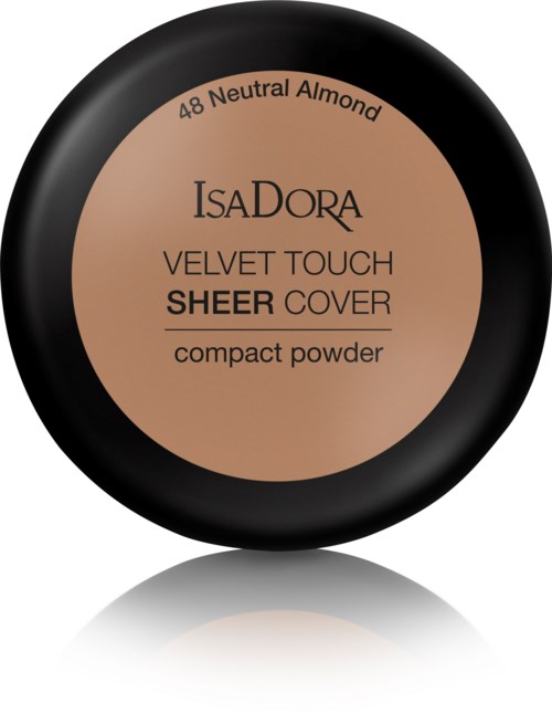 En rund makeup-kompakt märkt IsaDora Velvet Touch Sheer Cover i neutral almond färg.