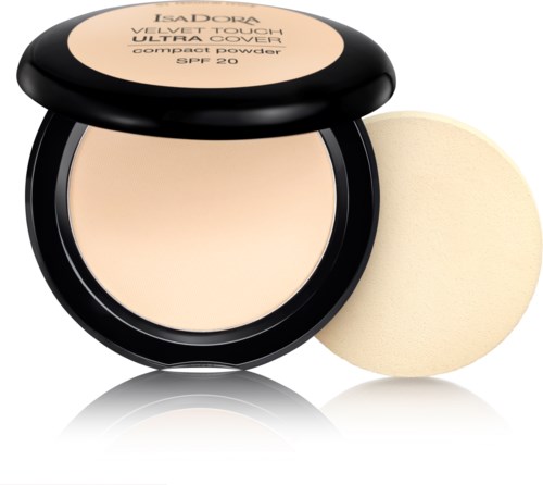 En kompakt puder med svamp, märkt IsaDora Velvet Touch Ultra Cover SPF 20.