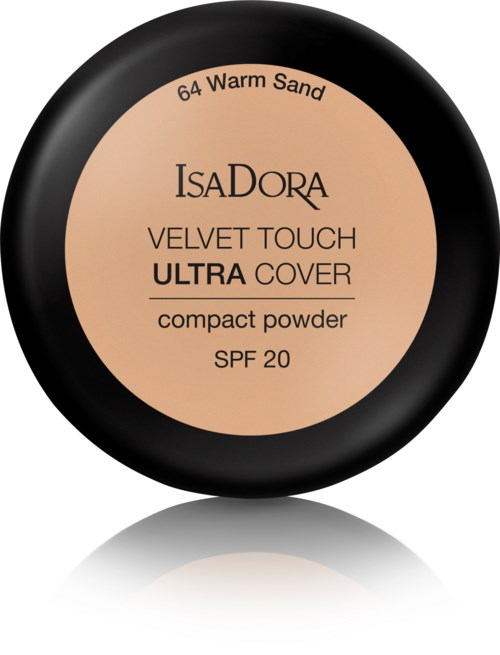 Svart kompakt makeupförpackning med beige etikett, märket IsaDora, nämner varm sand nyans, SPF 20 och velvet touch.