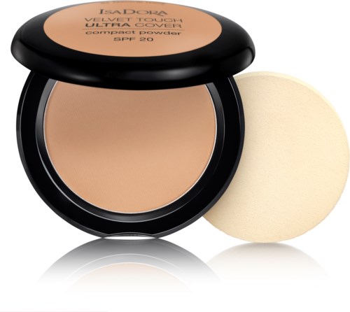 En kompakt makeup-puder med svart lock, synligt beige puder och en beige appliceringssvamp.