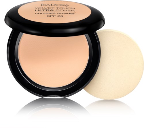 Kompaktpuder med svart behållare och beige puder, med en svamp bredvid.