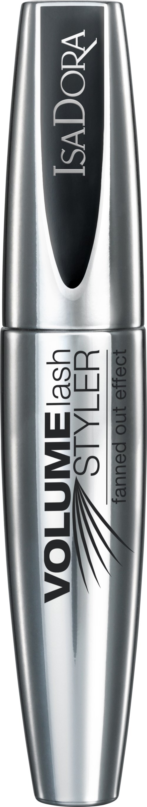 En silver och svart mascara-flaska med märket 'ISADORA' och produktnamnet 'VOLUMEmash STYLEr' tryckt på den.