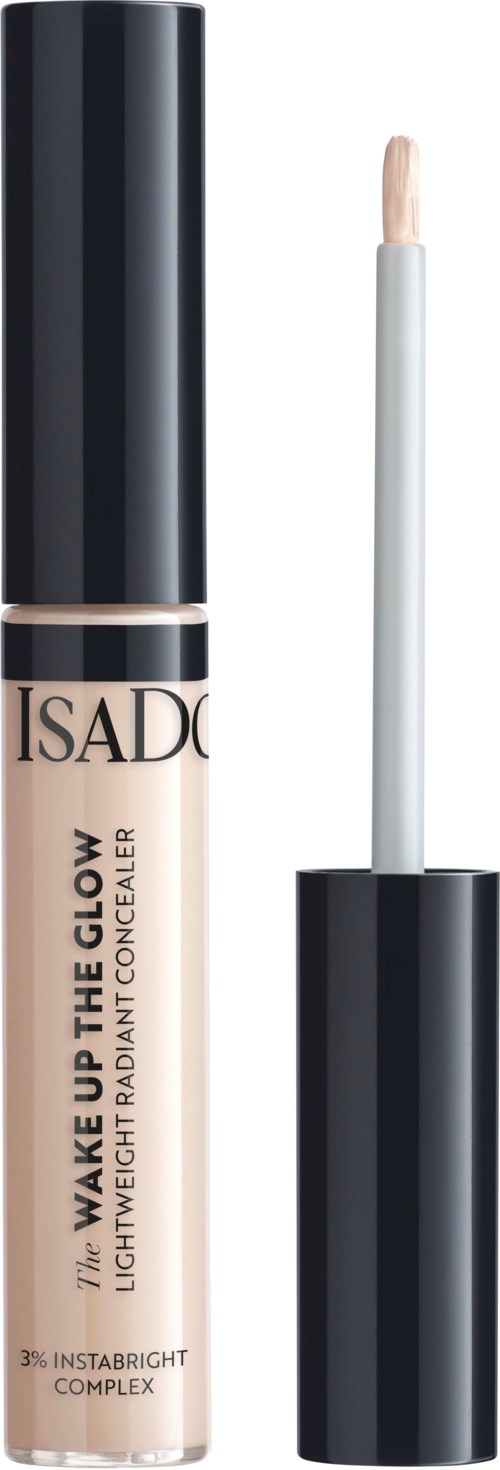 A concealer bottle with a wand applicator sticks out, labeled 'Wake Up The Glow'. It is black and beige.