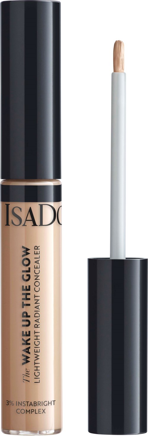 A concealer bottle with a black cap and a wand applicator, labeled 'ISADORA' and 'WAKE UP THE GLOW'.