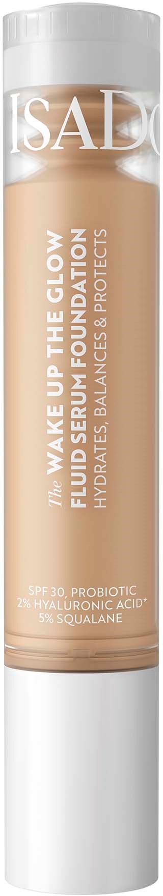 Make-up stift met beige dop en doorschijnende body die foundation toont. Witte tekst beschrijft gebruik en voordelen.