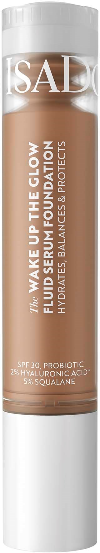 Lippenbalsemtube met witte dop en bruine body, gelabeld 'IsaDora' en 'Wake Up The Glow' voor hydratatie.