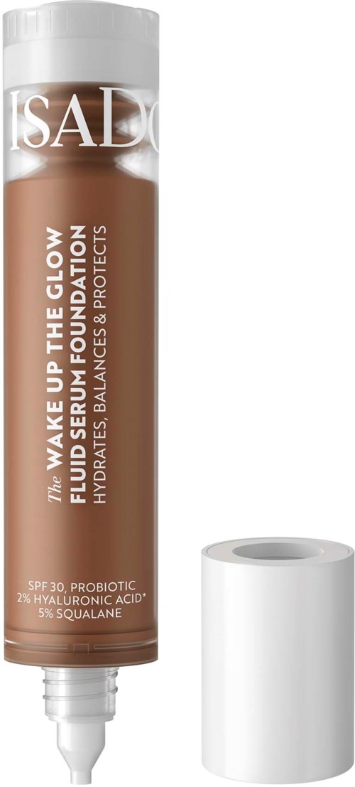 Een bruine tube huidverzorgingsproduct met witte dop, gelabeld als glow moisturizer met SPF 30.