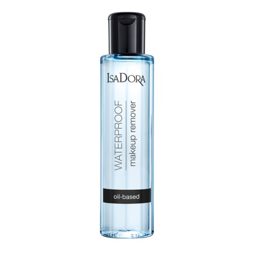 En klar blå flaska med svart lock, märkt 'IsaDORA Waterproof makeup remover, oil-based.'