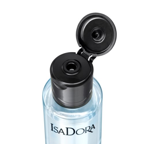 En tydlig vätske-flaska med svart flip-top lock och märket 'Isadora' på.