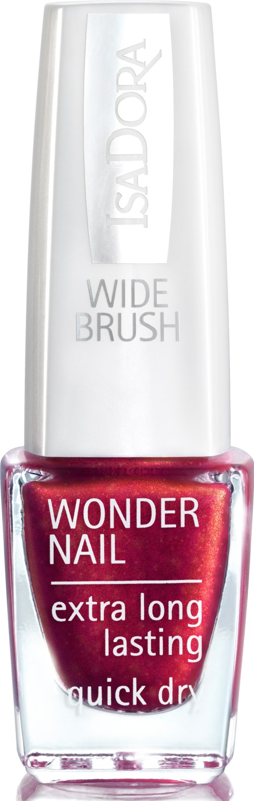Butelka lakieru do paznokci z białą zakrętką, czerwona, oznaczona 'Wonder Nail' i 'extra long lasting'.