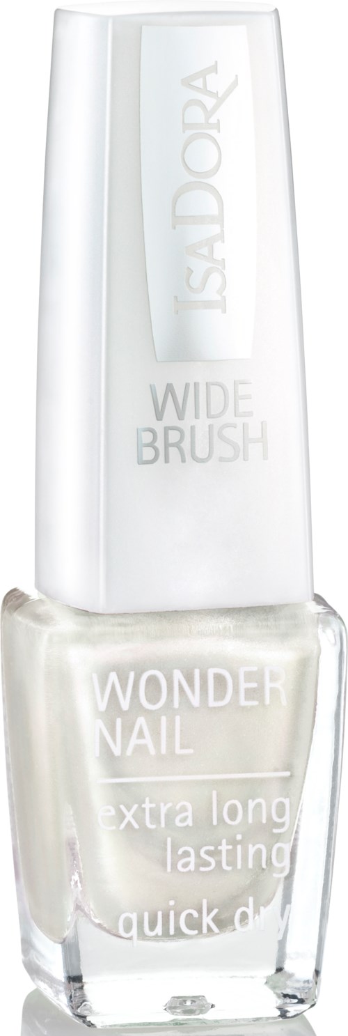 Przezroczysta butelka lakieru do paznokci z napisem 'Wonder Nail' oraz słowami 'extra long lasting' i 'quick'.