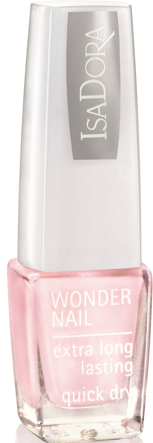 En tydlig glassflaska med nagellack med rosa vätska, märkt 'Wonder Nail'. Silverlock. Varumärket 'IsaDora' finns på locket.