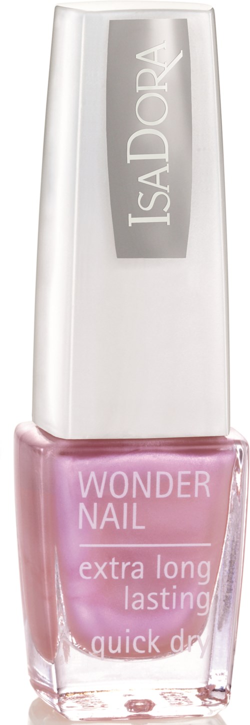 Różowa butelka lakieru do paznokci z białą nakrętką, oznaczona "WONDER NAIL extra long lasting quick dry."