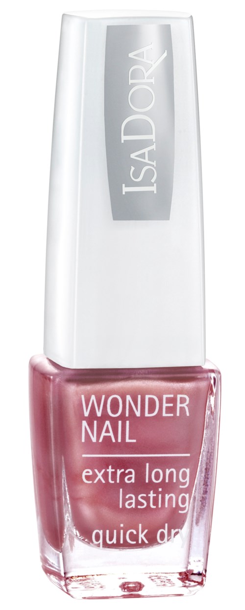 Różowa butelka lakieru do paznokci z białym pokrywką, oznaczona 'ISADORA WONDER NAIL extra long lasting quick dry.'