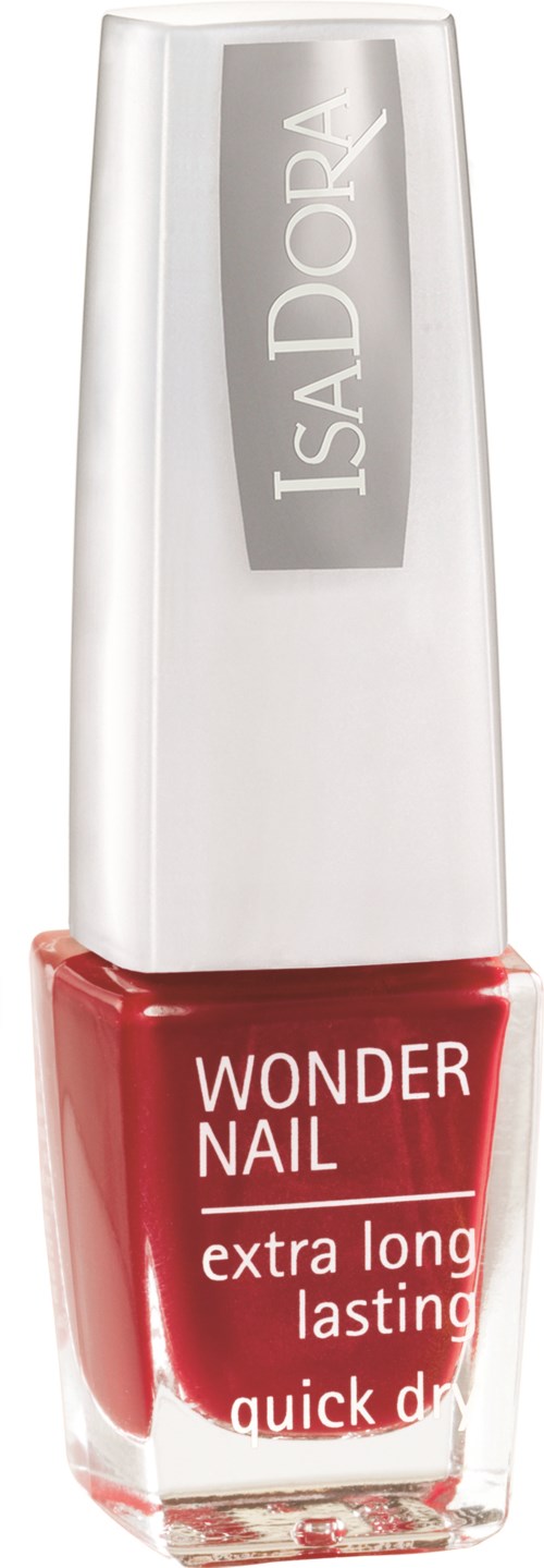 butelka czerwonego lakieru do paznokci z srebrnym nakrętkiem i białym tekstem, oznaczona 'WONDER NAIL extra long lasting quick dry.'