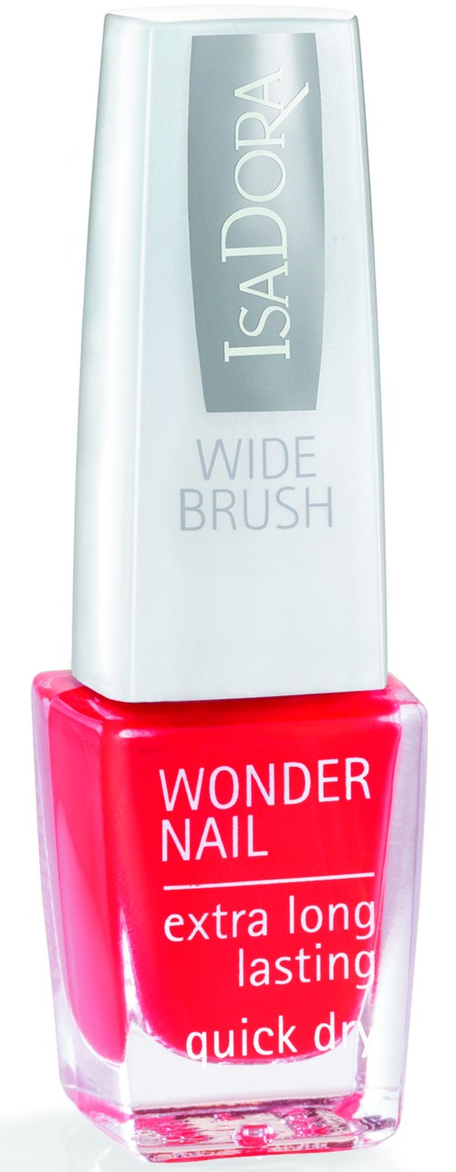 butelka różowego lakieru do paznokci z białym kapsel i słowami 'Wonder Nail'.