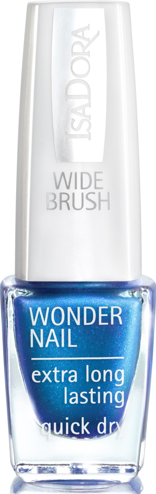 Przezroczysta butelka lakieru do paznokci z niebieskim lakierem wewnątrz, oznaczona 'Wonder Nail', 'extra long lasting' i 'quick dry'.