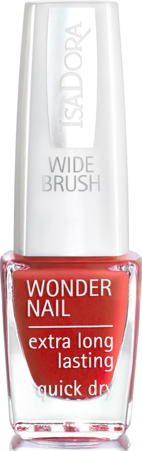 Butelka lakieru do paznokci IsaDora Wonder Nail, czerwony kolor, z białą zakrętką, oznaczony jako trwały i szybko schnący.