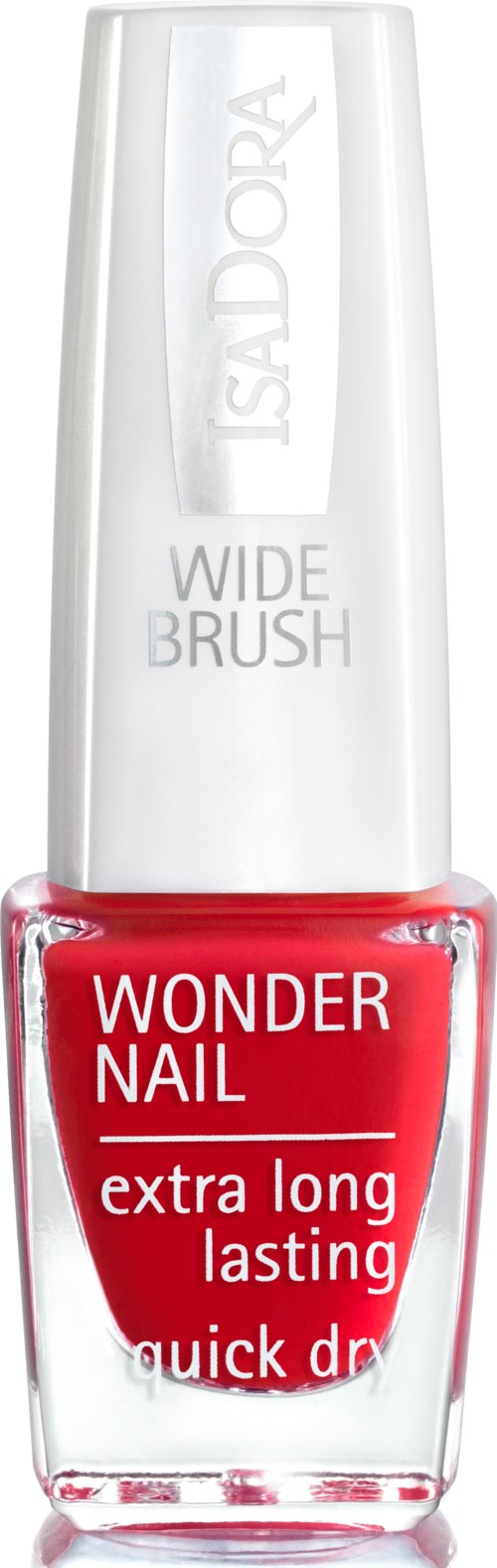 Czerwony lakier do paznokci marki Isadora o nazwie Wonder Nail, długotrwały, szybkoschnący, z białą zakrętką.