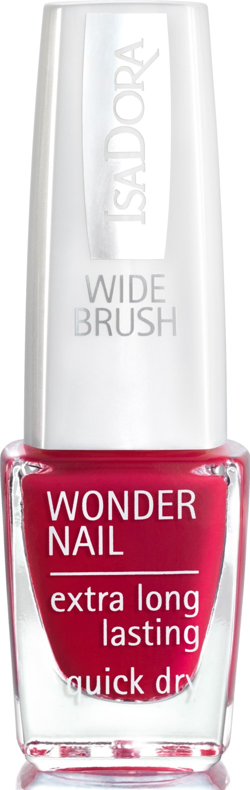 Czerwona butelka lakieru do paznokci z białym zakrętką, oznaczona 'Wonder Nail' i 'extra long lasting quick dry.'