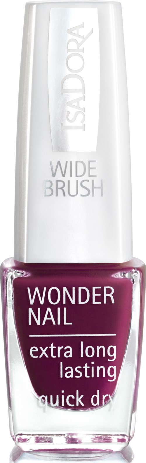 Butelka lakieru do paznokci w kolorze fioletowym z białą nakrętką, marked Wonder Nail, długotrwały, szybkoschnący.