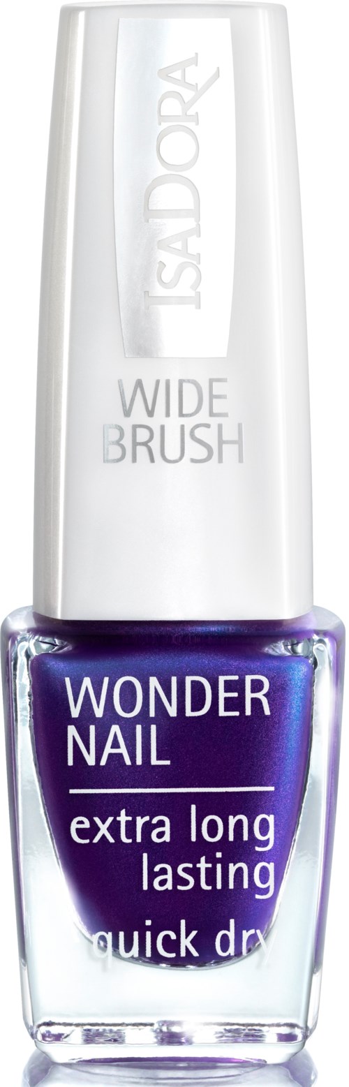 Butelka lakieru do paznokci oznaczona 'Wonder Nail', ciemnofioletowa, z napisami 'extra long lasting' i 'quick dry'.