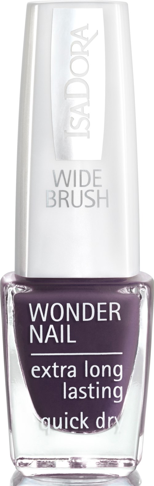 Obraz przedstawia butelkę lakieru do paznokci IsaDora Wonder Nail w ciemnofioletowym kolorze.