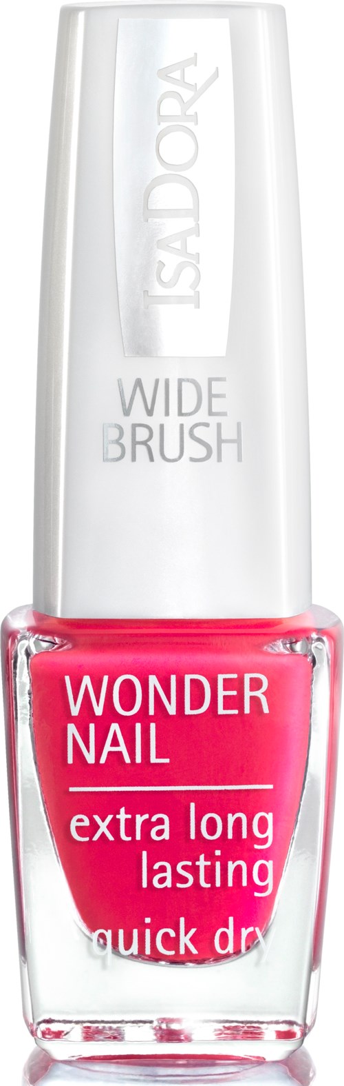 Różowa butelka lakieru do paznokci z białym zamknięciem, oznaczona 'Wonder Nail' i 'extra long lasting quick dry'.