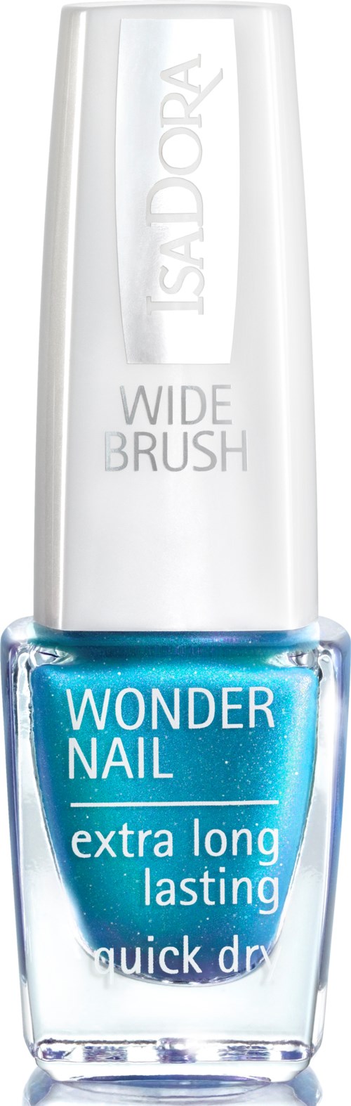 Butelka lakieru do paznokci IsaDora w jasnym niebieskim kolorze, z białą nakrętką, oznaczona 'WONDER NAIL' i 'extra long lasting'.