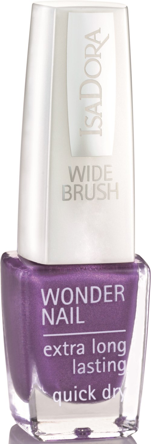 Fioletowa butelka lakieru do paznokci z srebrnym wieczkiem, napis 'Wonder Nail' i 'Extra Long Lasting Quick Dry'. 