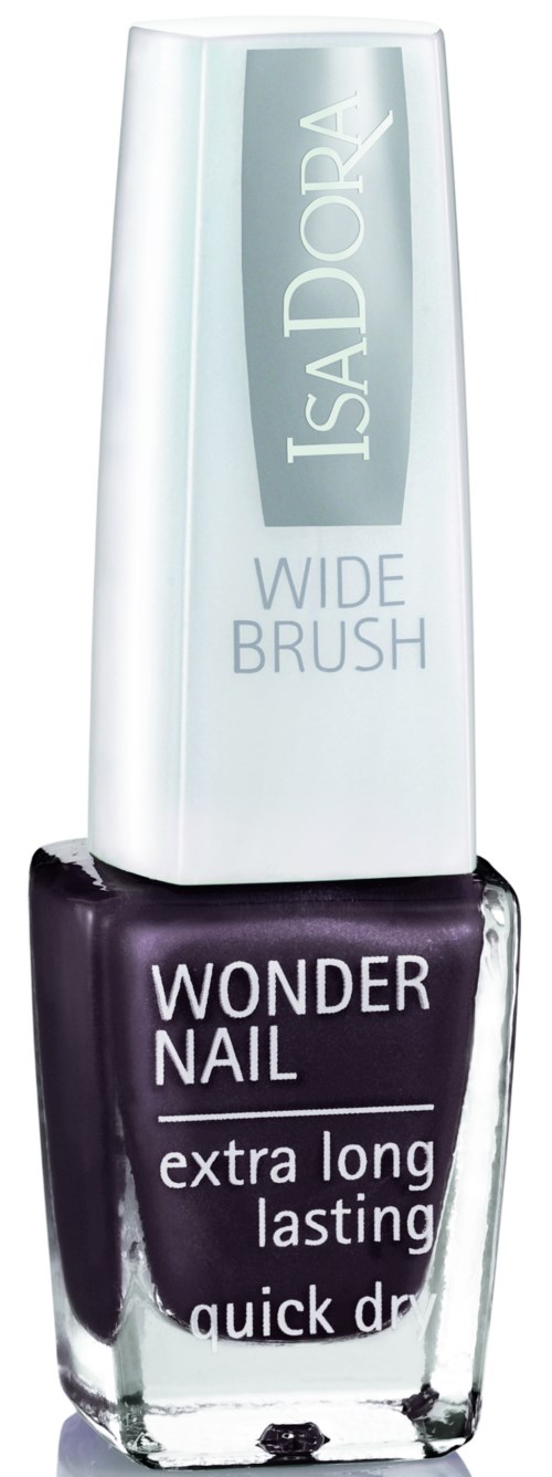 Butelka lakieru do paznokci w fioletowym kolorze, oznaczona Wonder Nail, z białą pokrywką oznaczoną IsaDora Wide Brush.