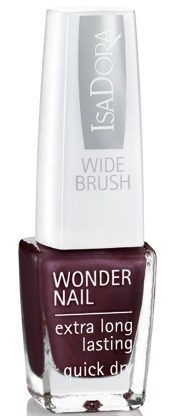 Butelka lakieru do paznokci IsaDora Wonder Nail, ciemnofioletowy, z białą nakrętką i etykietą.