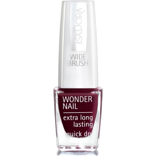 Butelka do lakieru do paznokci z białym dozownikiem, ciemnoniebieski kolor, tekst "Wonder Nail" i "extra long lasting."