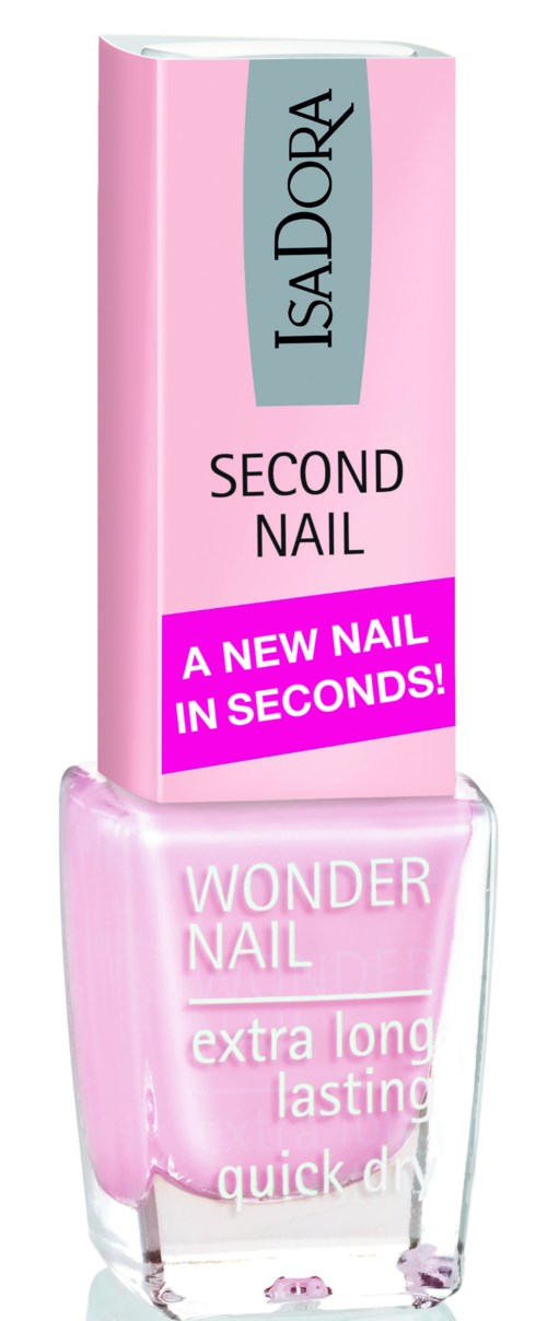 Różowy lakier do paznokci oznaczony 'Wonder Nail', zapewniający szybkie, trwałe nakładanie, opakowanie z napisem 'Second Nail' i 'Nowy lakier w sekundach.'