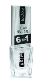A clear nail gel bottle with a black and white label. Contains 6-in-1 nail gel. The brand is IsaDora.