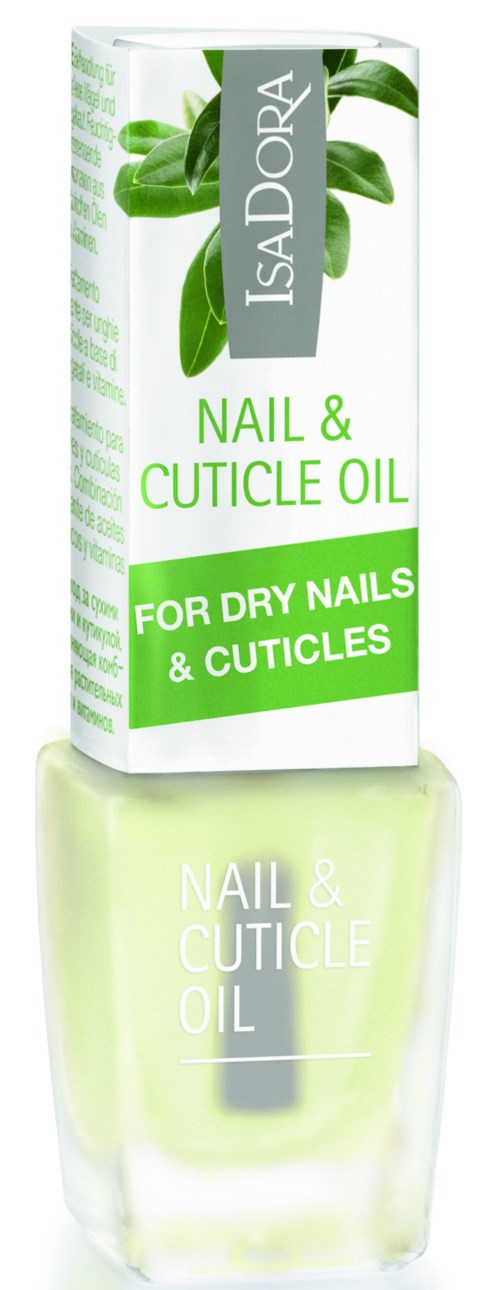 Nagel- und Nagelhautöl in einer hellgrünen Flasche, für trockene Nägel und Nagelhaut, mit Blattdesign und grüner Schrift.