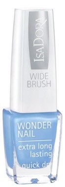 Jasnoniebieska butelka lakieru do paznokci z napisem 'Wonder Nail' i 'IsaDora', na białym tle.