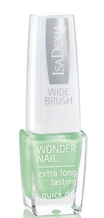 En tydlig nagellackflaska med grönt nagellack inuti, märkt Wonder Nail Extra Long Lasting.