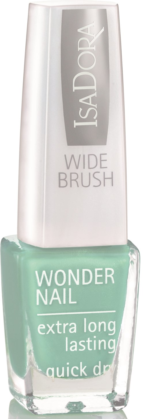 Butelka lakieru do paznokci z napisem "Wonder Nail," zielony kolor, długo trwały, szybkoschnący. Pokrywka mówi "Wide Brush."